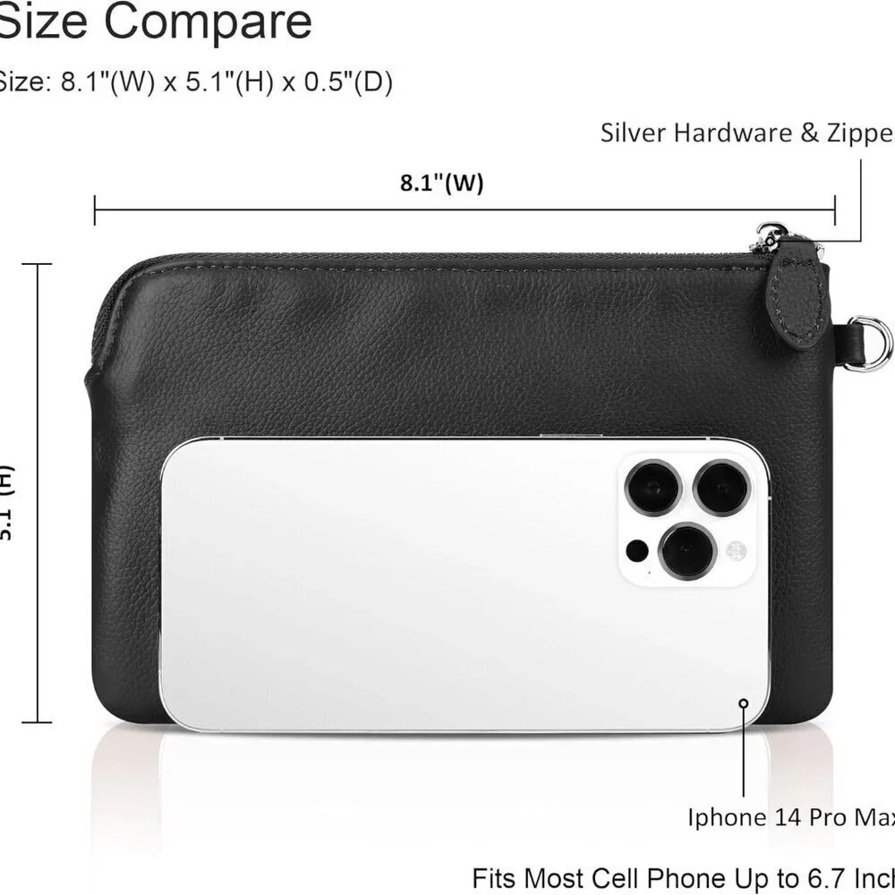 Genuine Leather Wristlet Clutch for Women with Card Slots and Smartphone Pocket